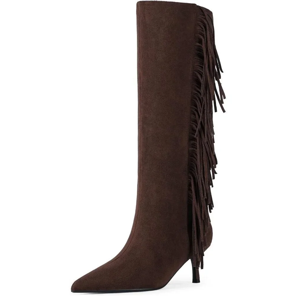 Women Suede Brown Knee High Boots Kitten Heels Tall Pointed Toe Long Boots